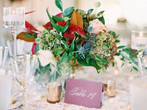 Fall Floral Centerpiece of Antique Hydrangeas, Roses and Blue Thistles