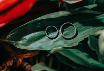 Wedding rings on leaves