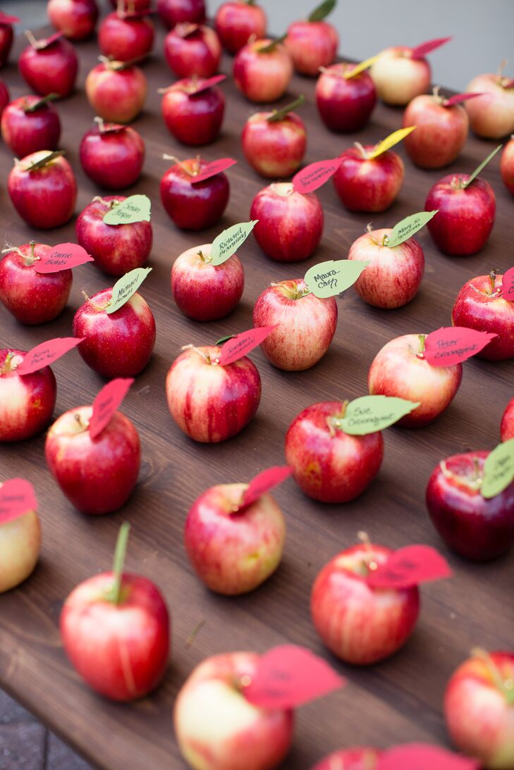 In a nod to Laura's profession as a teacher, names and table assignments were written on petite leaf-shaped papers and attached to fresh apples.