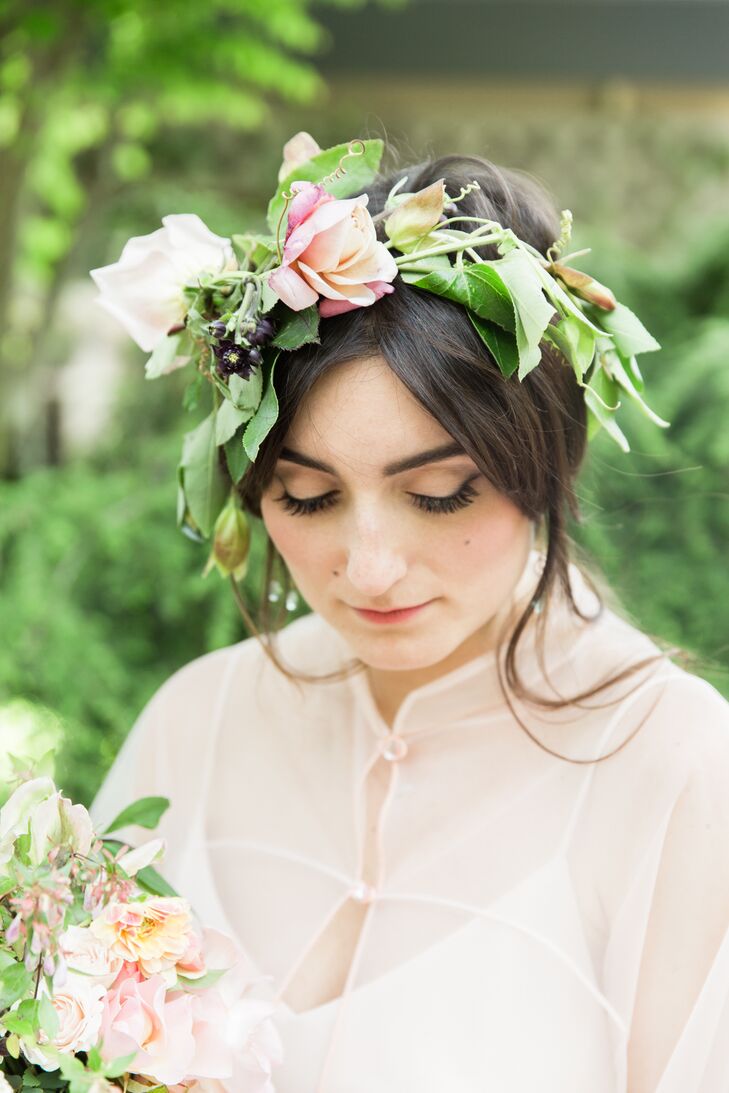 Wood nymphs inspired the whimsical flower crowns worn by the bridal attendants.
