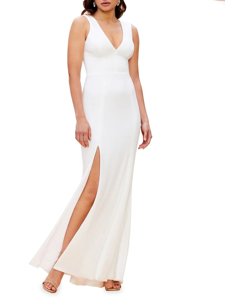 saks fifth avenue white bridesmaid slip dress with v-neck and slit