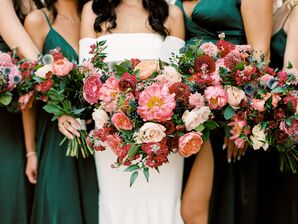 Bridesmaids in Emerald Dresses With Pink Peony Bouquets