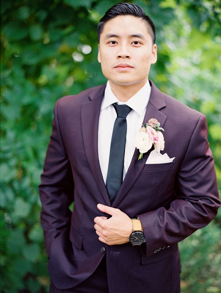 Groom in Purple Suit for Wedding at Machine Shop in Minneapolis, Minnesota