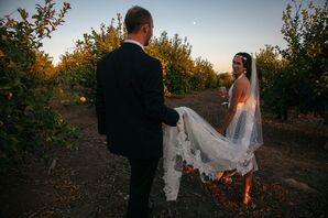 Groom Holding Bride's Long Lace Veil As They Walk Through Lemon Tree Grove, Multi-Piece Dress