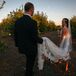 Groom Holding Bride's Long Lace Veil As They Walk Through Lemon Tree Grove, Multi-Piece Dress