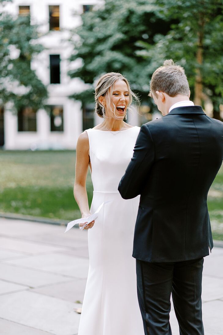 Bride in Bateau-Neck Gown and Groom in Tuxedo at First Look With Letters