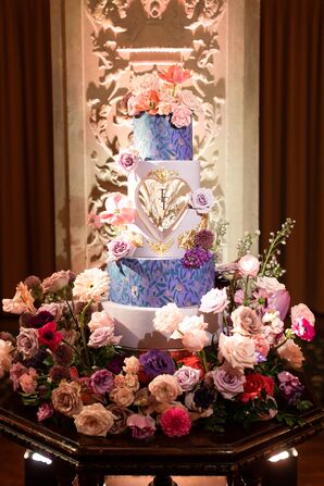 Vibrant, Colorful Four-Tier Wedding Cake Featuring Pink-and-Purple Designs, Heart and FLowers
