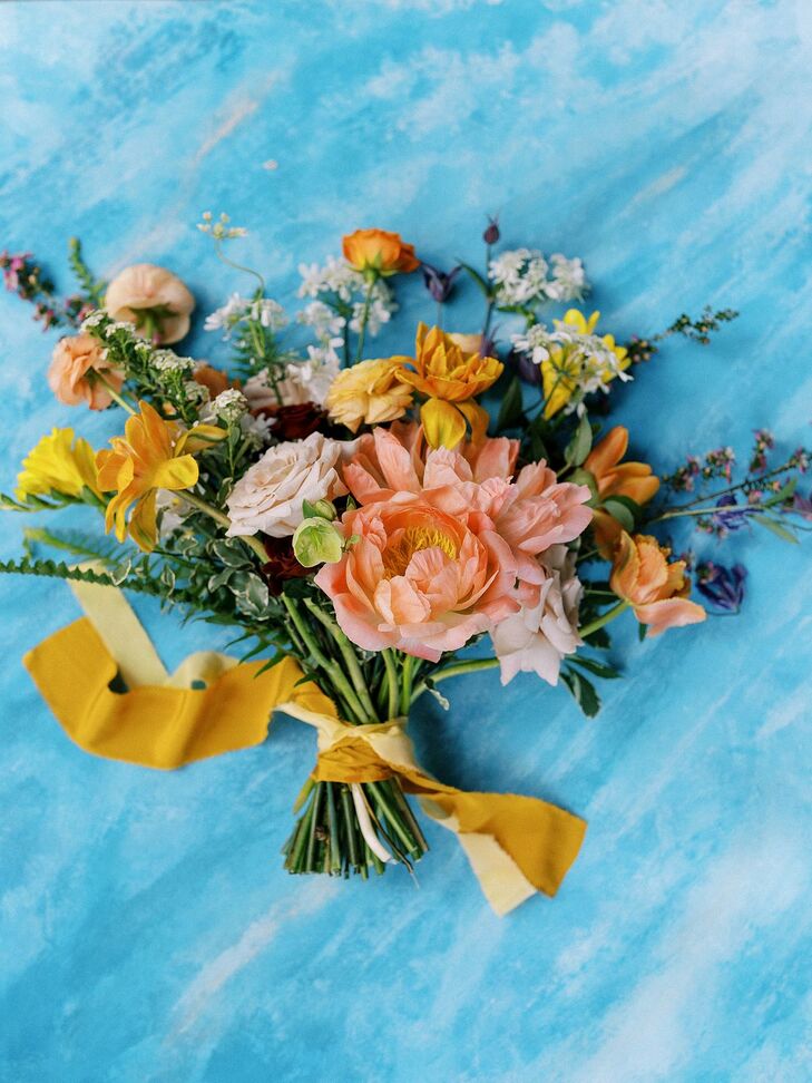 Orange-and-Pink Bouquet With Coral Charm Peony and Yellow Ribbon