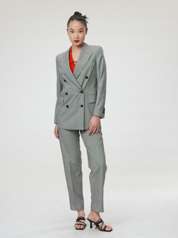 Gray tailored women's suit by Frey. 