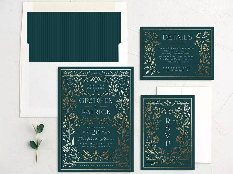 Foil green and gold invitation suite from The Knot Invitations
