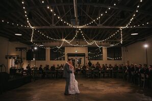 Modern, Industrial First Dance with String Lights in Warehouse