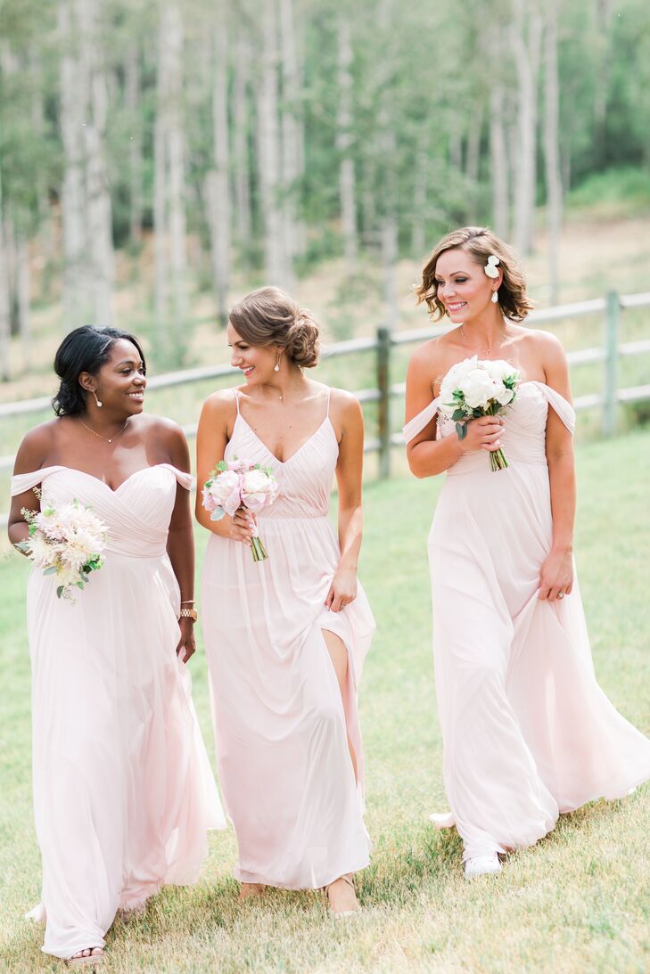 Blush Off-the-Shoulder Chiffon Bridesmaid Dresses