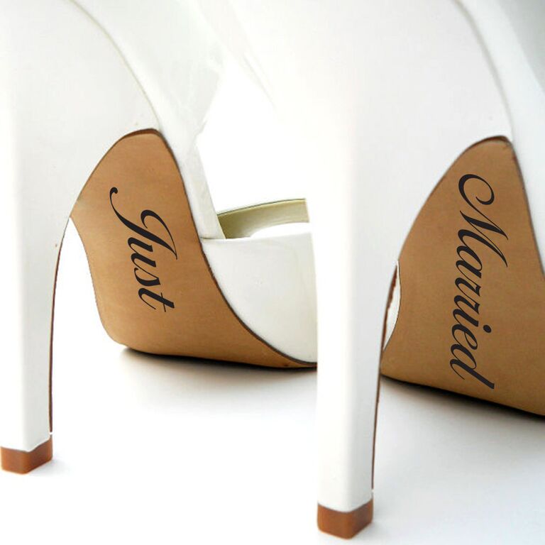just married decals on white wedding shoes