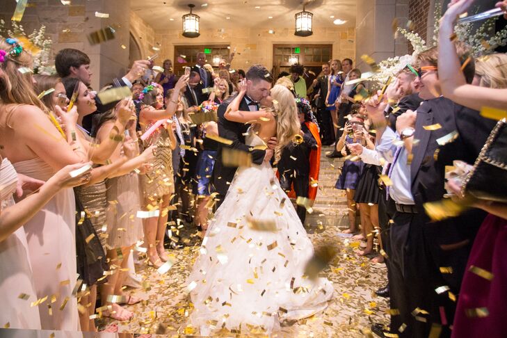 After Emerald City played the last song, the newlyweds bid adieu to their guests and made their way outside to a vintage car. Friends and family showered the couple in gold Flutter Fetti, putting a whimsical finish on the evening.