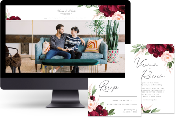 Red Beloved Floral wedding website design with matching paper suite