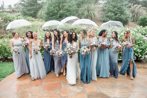 Rainy Wedding Party Portraits With Umbrellas