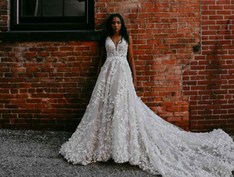 A-line romantic wedding gown with V neck with allover floral lace