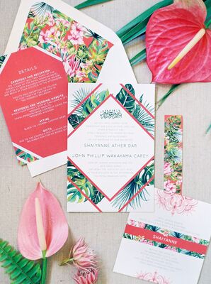 Tropical Green-and-Pink Wedding Invitations