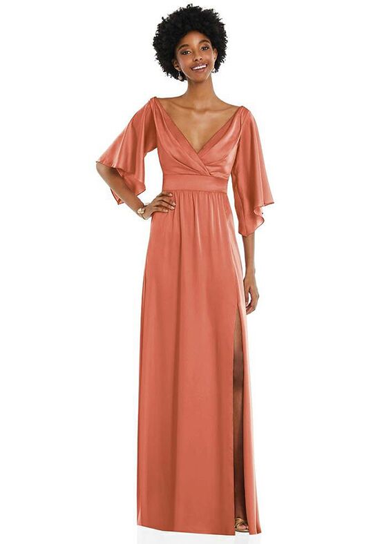 Dessy Group Asymmetric Bell Sleeve Wrap Maxi Dress with Front Slit - 3102 V-Neck Bridesmaid Dress - 1