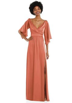 Dessy Group Asymmetric Bell Sleeve Wrap Maxi Dress with Front Slit - 3102 V-Neck Bridesmaid Dress