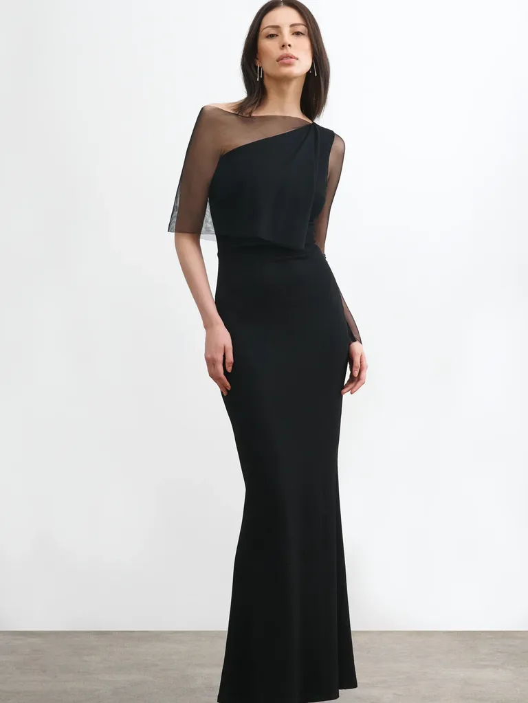 Black full length evening gown with mesh sleeve detail for grandmother of the groom