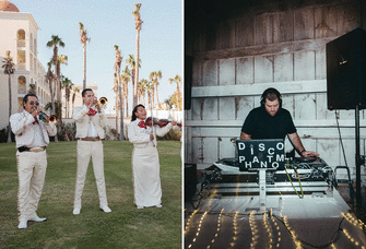 Collage featuring a photo of a wedding band on one side and a DJ on the other. 