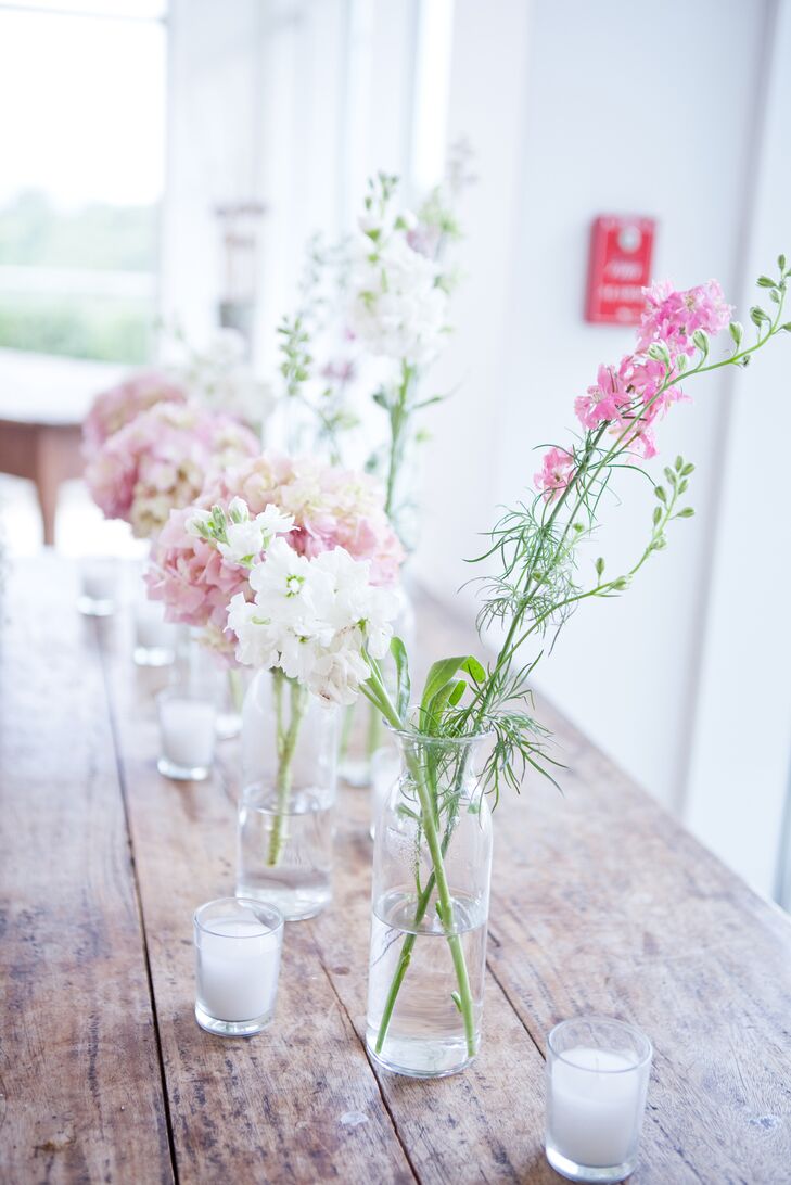 Simple Delphinium Centerpieces in Bulb Vases