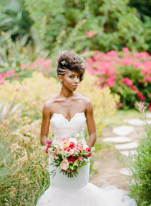 Bride with Baby's Breath Hair Accessories, White Mermaid Gown and Bright Bouquet