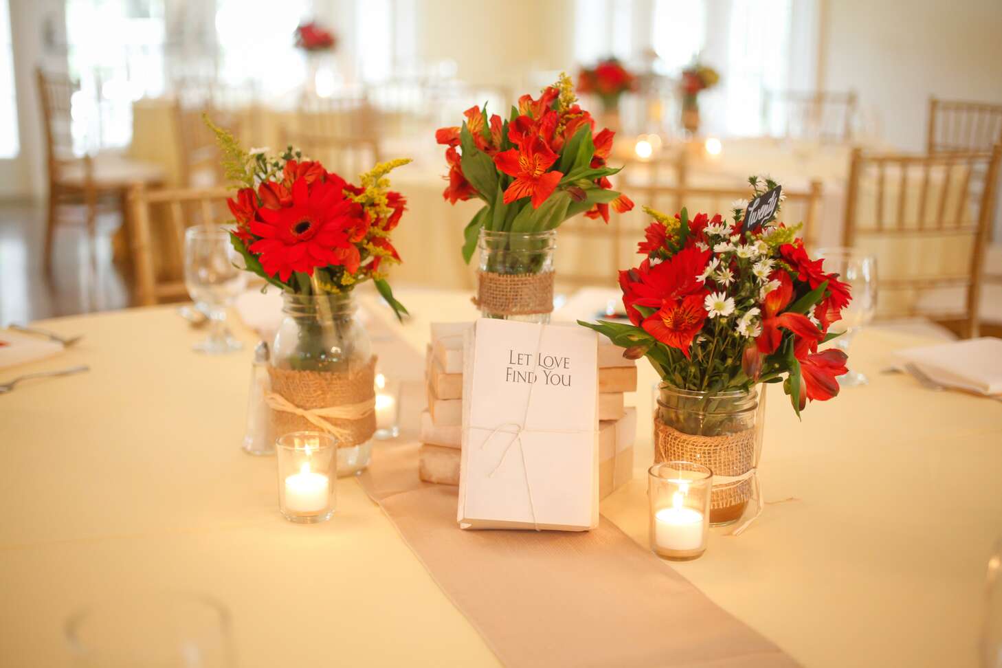Low Rustic Burlap, Gerbera Daisy Centerpieces