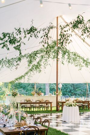 Tented Outdoor Reception With Hanging Greenery, Long Tables, Checkered Dance Floor at Garden Wedding