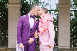 Groom in Custom Purple Formal Tuxedo and Groom in Pink Tuxedo With Silk Flower Lapel Accessory