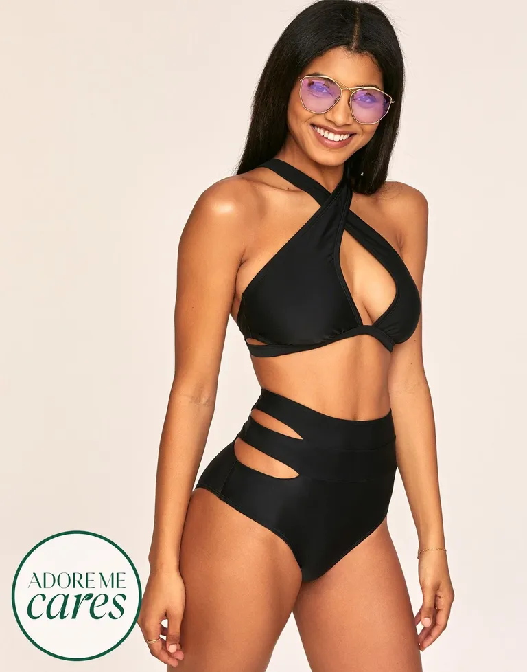 black bikini with high waisted bottoms and criss cross halter top with keyhole cutout