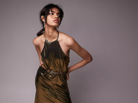 metallic floor length dress with halter neck