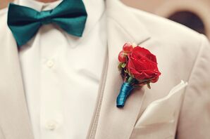 Red Rose Bouquet on Ivory Suit Jacket