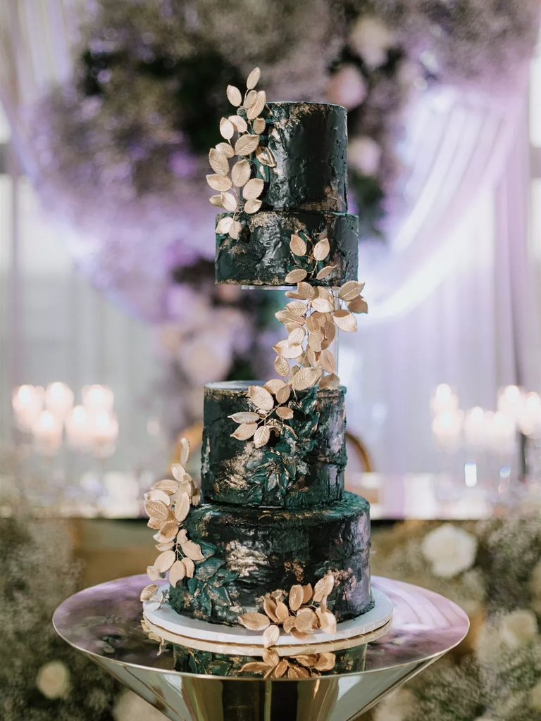 Green and Gold Wedding Cake with trailing leaves