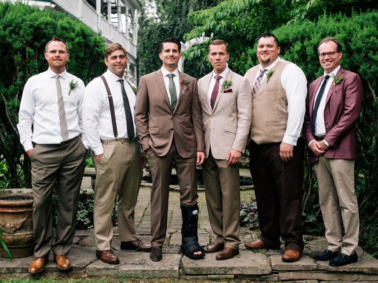 Groomsmen wearing mismatched casual attire. 