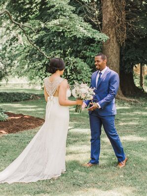 Bride in Beaded Backless Dress at First Look