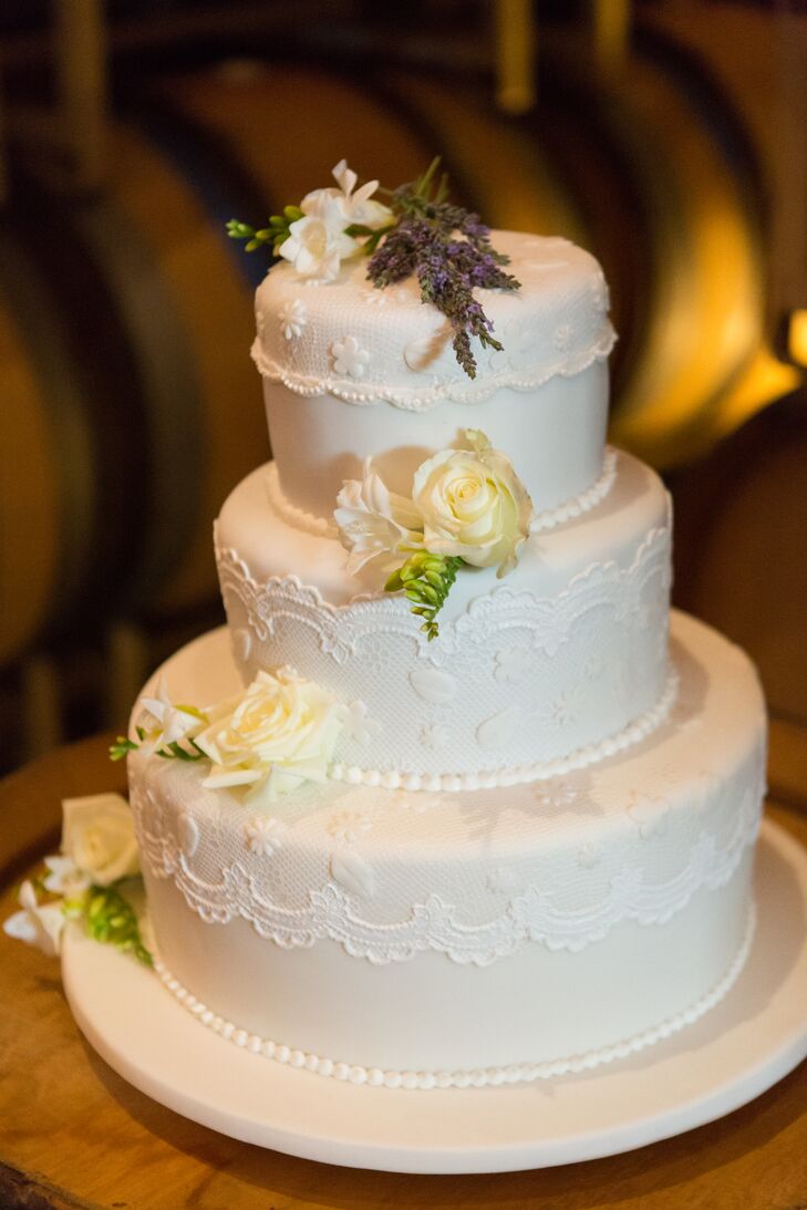 White Lace Wedding Cake With Fresh Lavender Topper