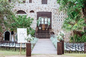 Wedding Ceremony Space, Pattoo Castle in Jamaica, Wood Details and Greenery, Unplugged Ceremony, White Flowers, Golden Geometric Ceremony Arch