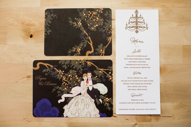 The centerpiece of the reception was a custom-made chandelier that was displayed above the glass-covered pool turned dance floor. Ryan and Brian loved how the crystal light looked over the glowing water and used it as a motif on their stationery. The menu cards were ivory with gold typography printed on top.