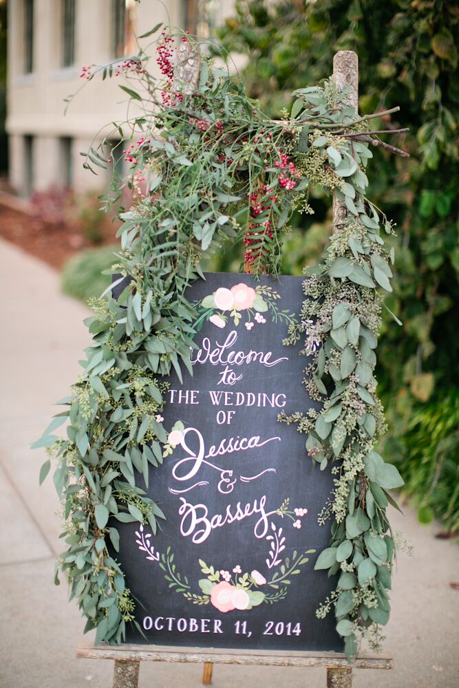 Seeded Eucalyptus, Red-Berry-Decorated Wedding Chalkboard