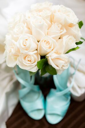 Ivory Rose Bouquet and Turquoise Wedding Heels