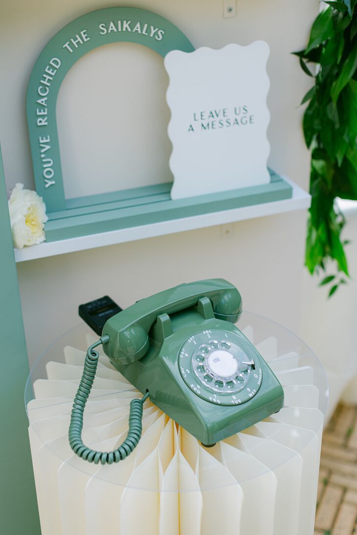 Green Phone Guest Book and Modern Green-and-White Signage for NYC Wedding