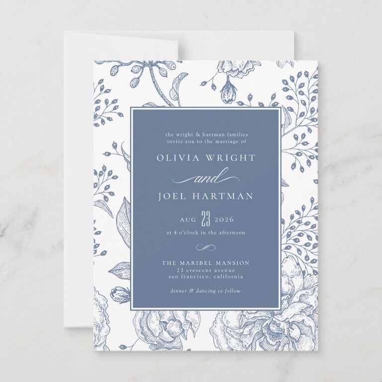 Vintage-style floral periwinkle wedding invitation design budget friendly 