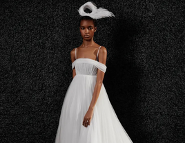 Empire cut tulle gown with off the shoulder sleeves
