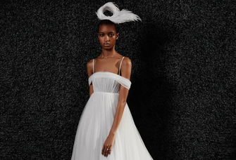 Empire cut tulle gown with off the shoulder sleeves