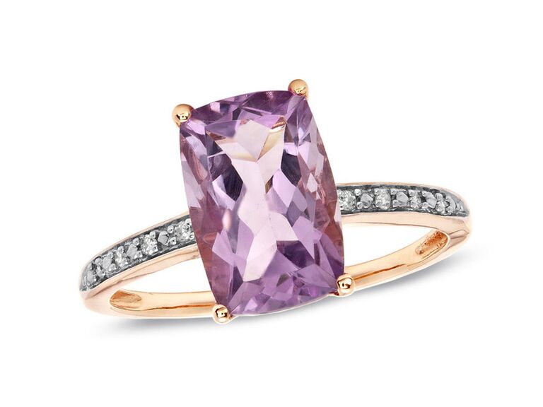 zales amethyst engagement ring with emerald cut rose de france amethyst claw prongs and round diamond and rose gold band