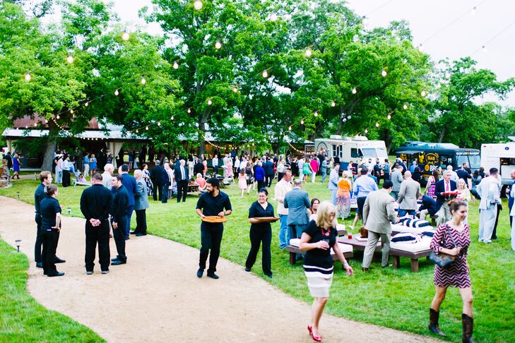 To accomplish a laid-back summer feel to their wedding, Paige and Matt brought in food trucks. They created a food-truck eatery and even added a few pink flamingos to set the mood. Lawn, patio and indoor seating provided comfortable places to relax after the ceremony.