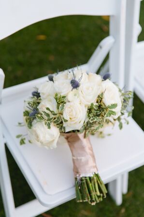 Ivory Rose Bridal Bouquet Accented with Blue Thistles
