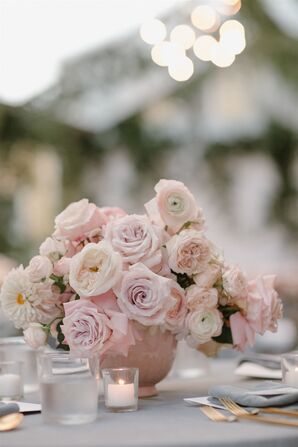 Low Centerpiece With Pink, Blush and Lavender Blooms and Romantic Candles
